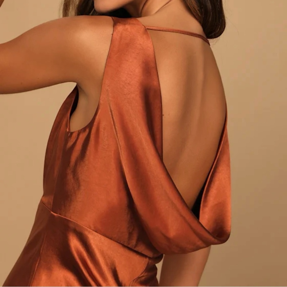 Lulus Incredible Love Brown Satin Cowl Back Midi Slip Dress Party Wedding Formal - Picture 8 of 14